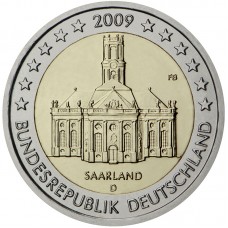 2 Евро 2009 Германия XF .Четвёртая монета серии «Федеральные земли Германии» — Церковь Людвига в Саарбрюккене, Саар
