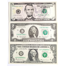 Набор банкнот США 2017 года, 1,2,5 долларов, UNC пресс