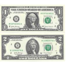 Набор из 2-х банкнот США, 1 + 2 доллара США. Купюры в состоянии UNC, оригинал