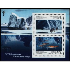 1990 Научное сотрудничество СССР и Австралии в Антарктиде. В блоке 2 марки 6215-6216. Размер 83х63 мм, Рам.12:12,5