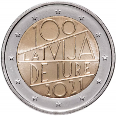 2 евро 2021 Латвия - 100 лет признания Латвии Де-Юре UNC