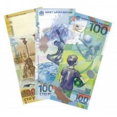 Набор 100 рублей Сочи, Крым, Футбол, 3 банкноты UNC пресс